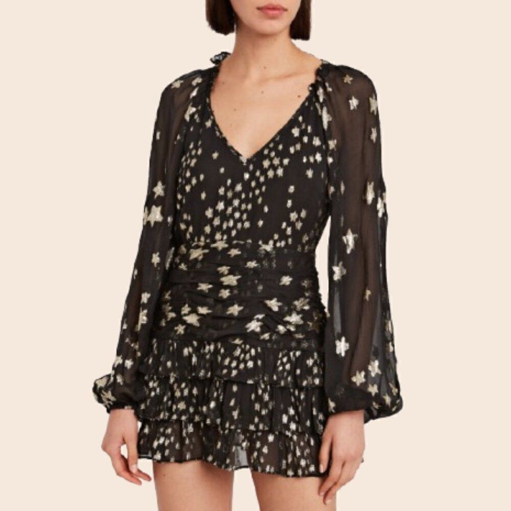 LoveShackFancy Star Print Black and Gold Rina Fil Coupé Mini Dress Size 2